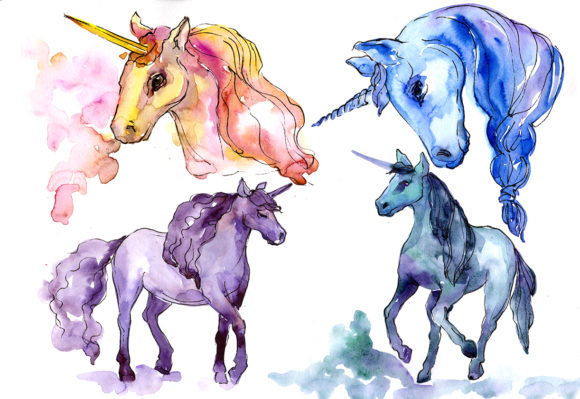 Beautiful Unicorns Watercolor Set Illustrations