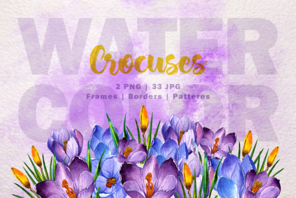 Blue and Purple Crocuses PNG Watercolor Set