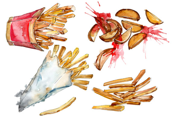 French Fries with Sauce on Ukrainian Watercolor Illustrations