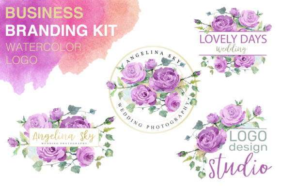 LOGO with Purple Roses Watercolor Illustrations