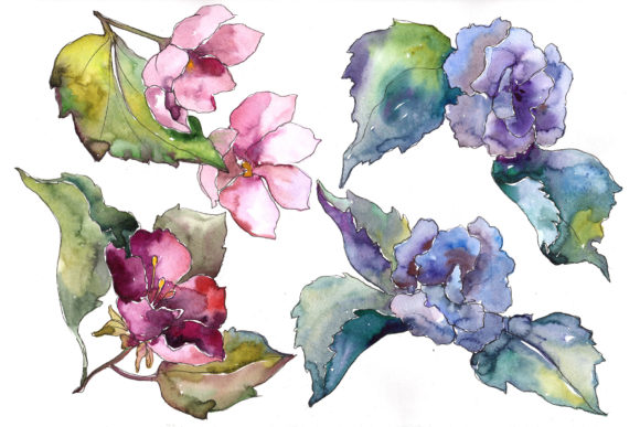Pink and Blue Gardenia Flowers Watercolor Set