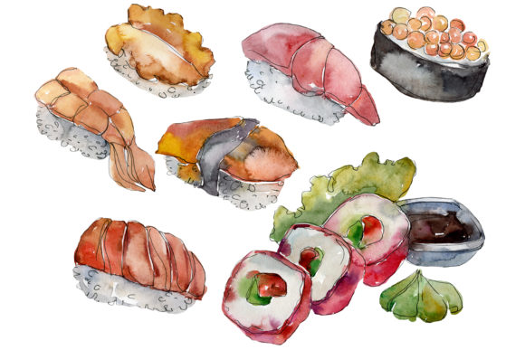 Sushi Set Philadelphia Watercolor Illustrations