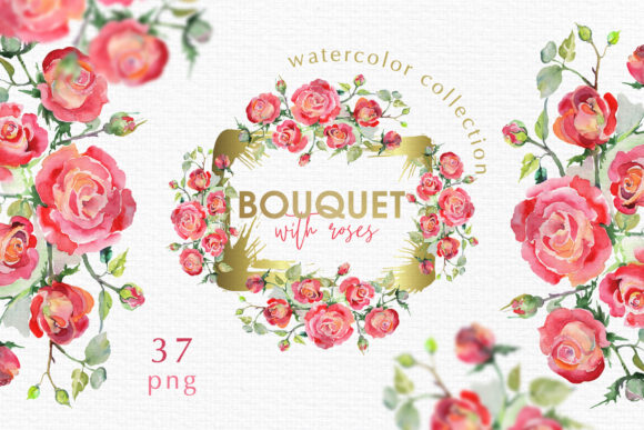 Watercolor Bouquet with Red Roses Illustrations