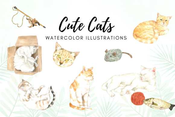 Watercolor Cats Illustrations for Digital Sales